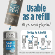 Salt of the Earth Vetiver & Citrus deodorant stick usable as a refill, helping save plastic and reduce waste.